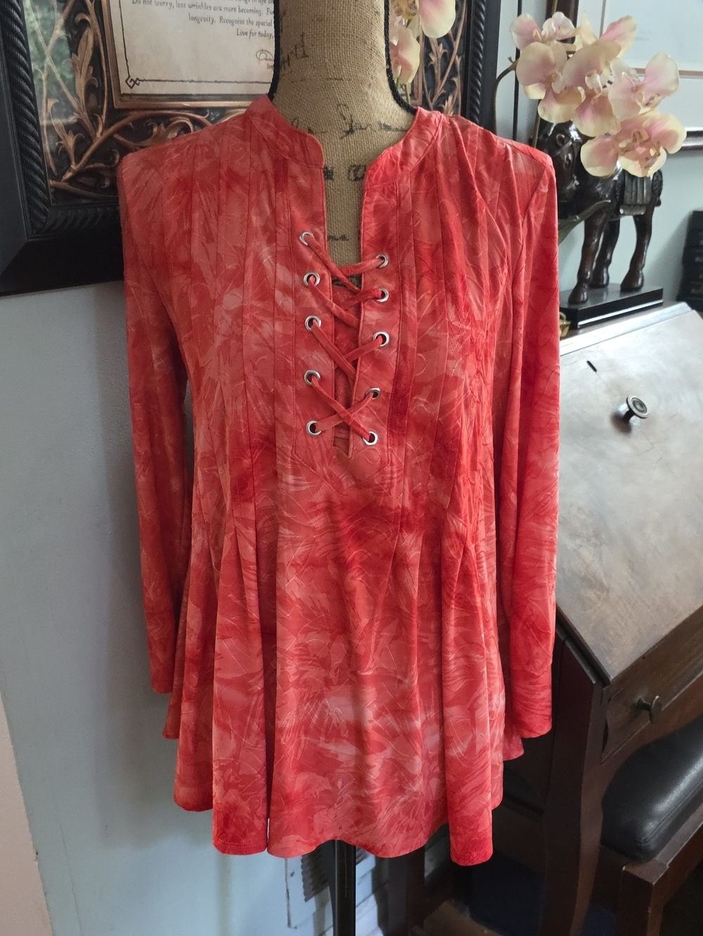 new directions Coral Red Lace-Up Long Sleeve Tunic
